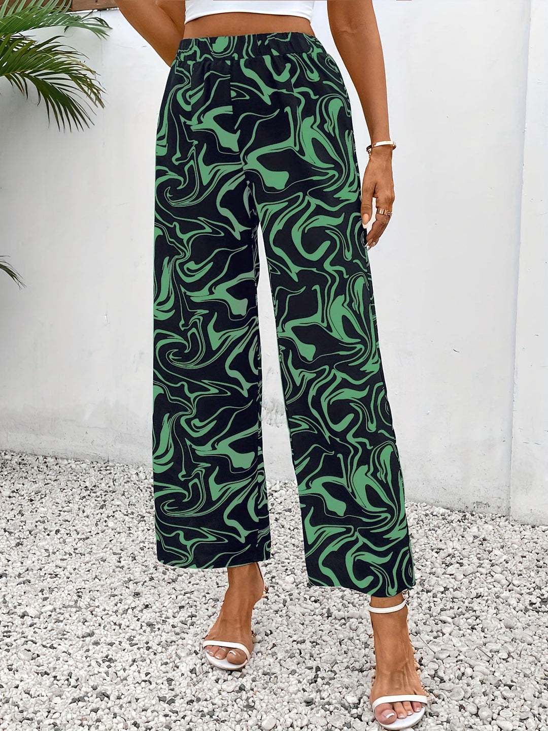 Damen Weite Palazzo-Hose mit Modernem Marmorprint und Elastischem Bund Echoarchiv