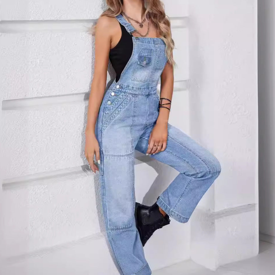 Damen Latzhose aus Denim mit weitem Bein, Utility-Details und taillenhohem Schnitt Echo Archiv