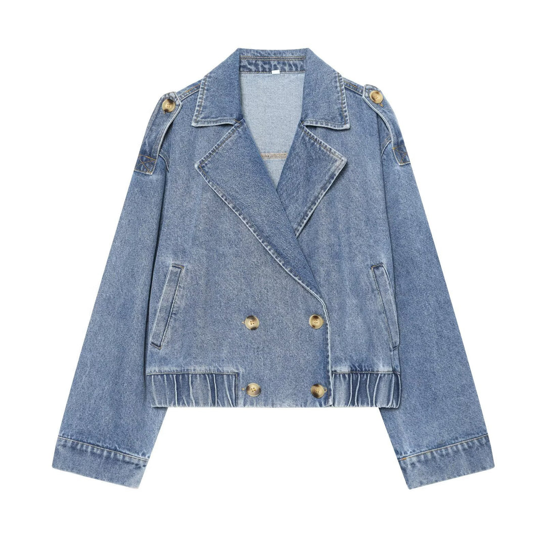 Damen kurze Double-Breasted Jeansjacke mit Überschlagkragen, Schulterklappen und gesmoktem Saum Echo Archiv