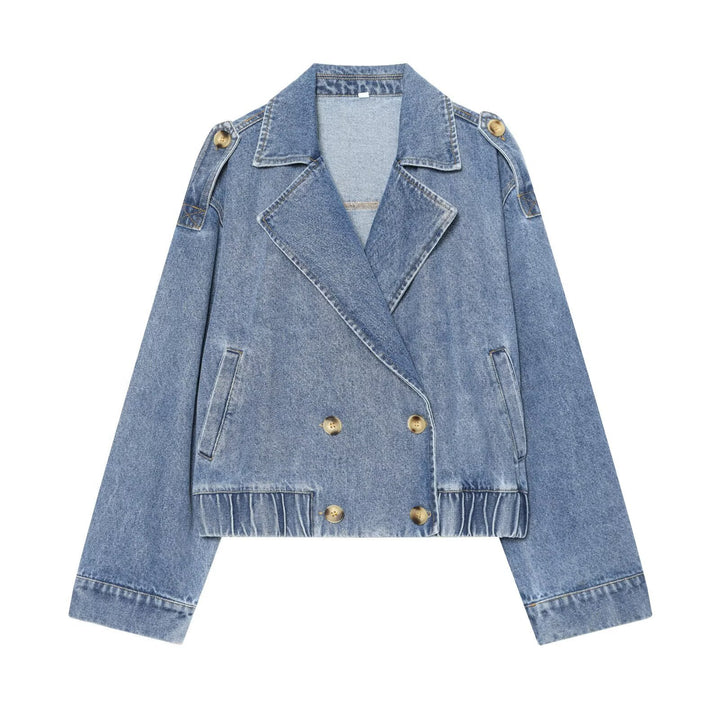 Damen kurze Double-Breasted Jeansjacke mit Überschlagkragen, Schulterklappen und gesmoktem Saum Echo Archiv