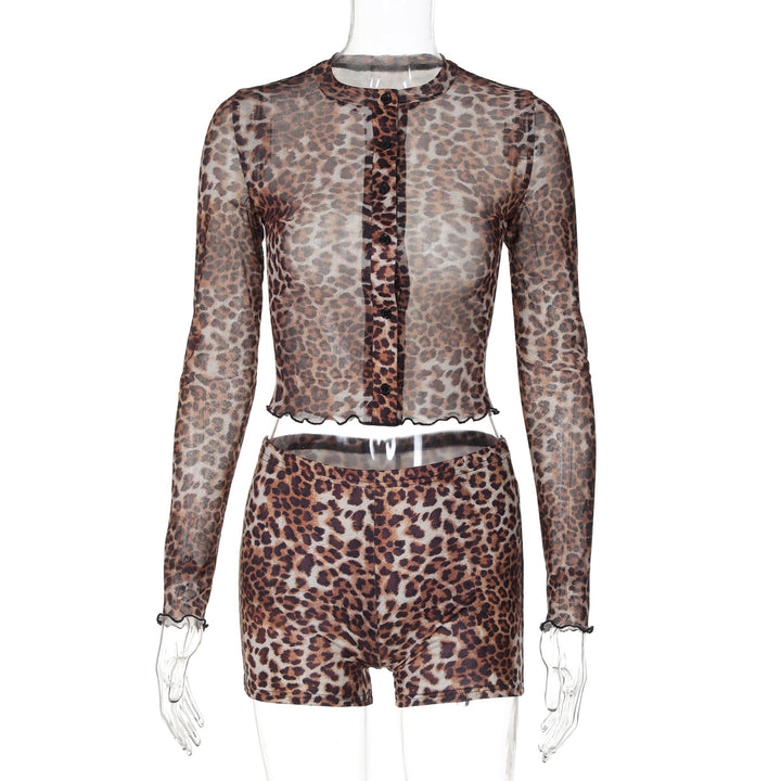 Damen Transparente Leopardenmuster Bluse und Short Set Echo Archiv