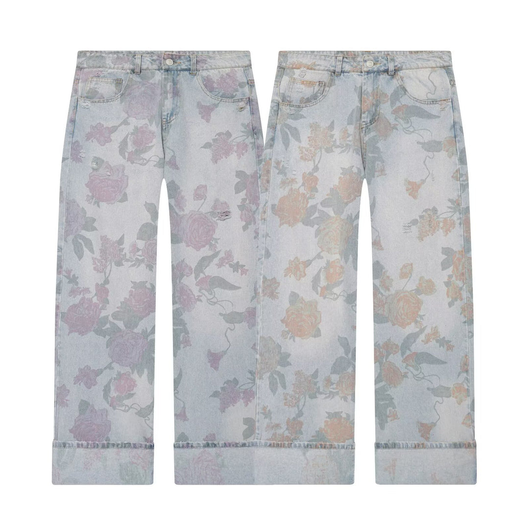 Damen Highwaist-Jeans mit weitem Bein, floralem Allover-Print und Umschlag Echo Archiv