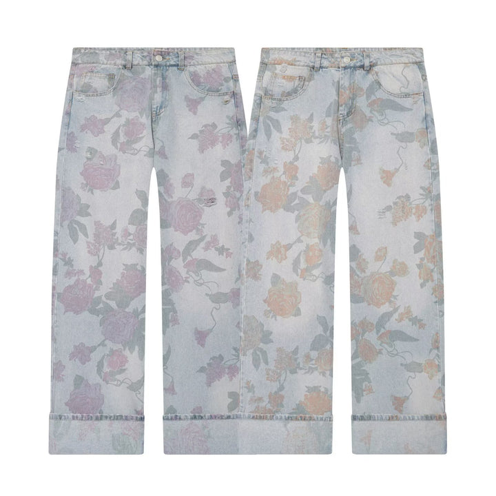 Damen Highwaist-Jeans mit weitem Bein, floralem Allover-Print und Umschlag Echo Archiv