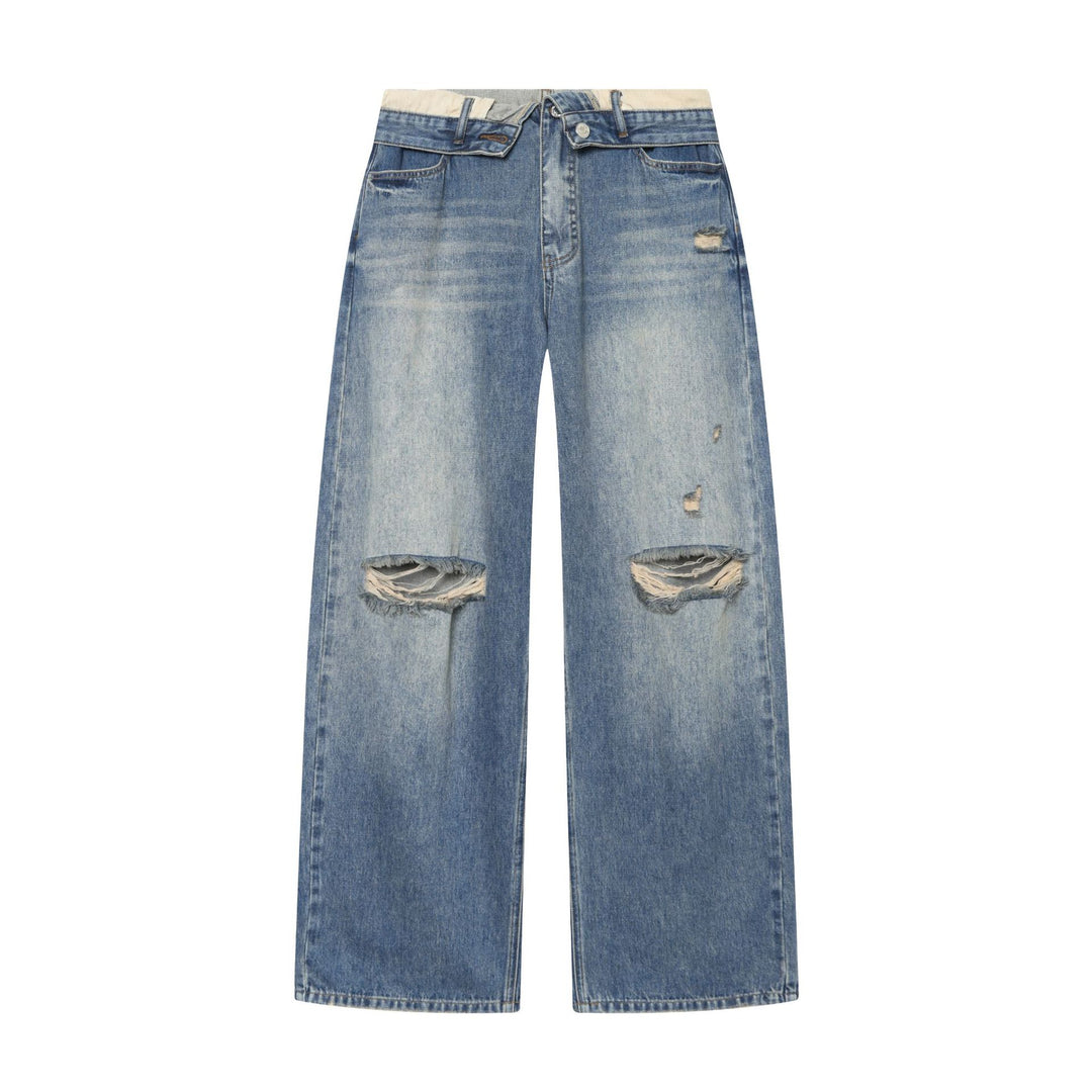 Damen Highwaist Jeans mit weitem Bein, Destroyed‑Details und ausgefranstem Saum – Dénora