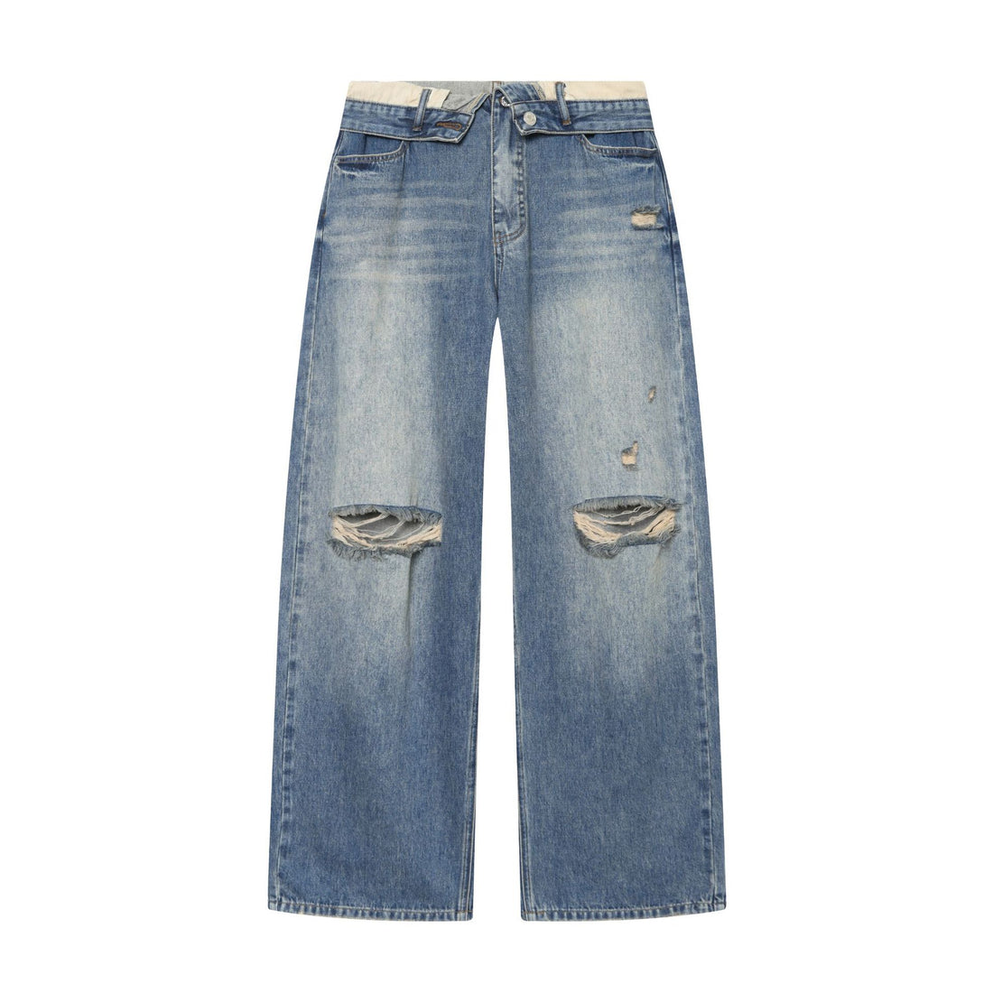 Damen Highwaist Jeans mit weitem Bein, Destroyed‑Details und ausgefranstem Saum – Dénora