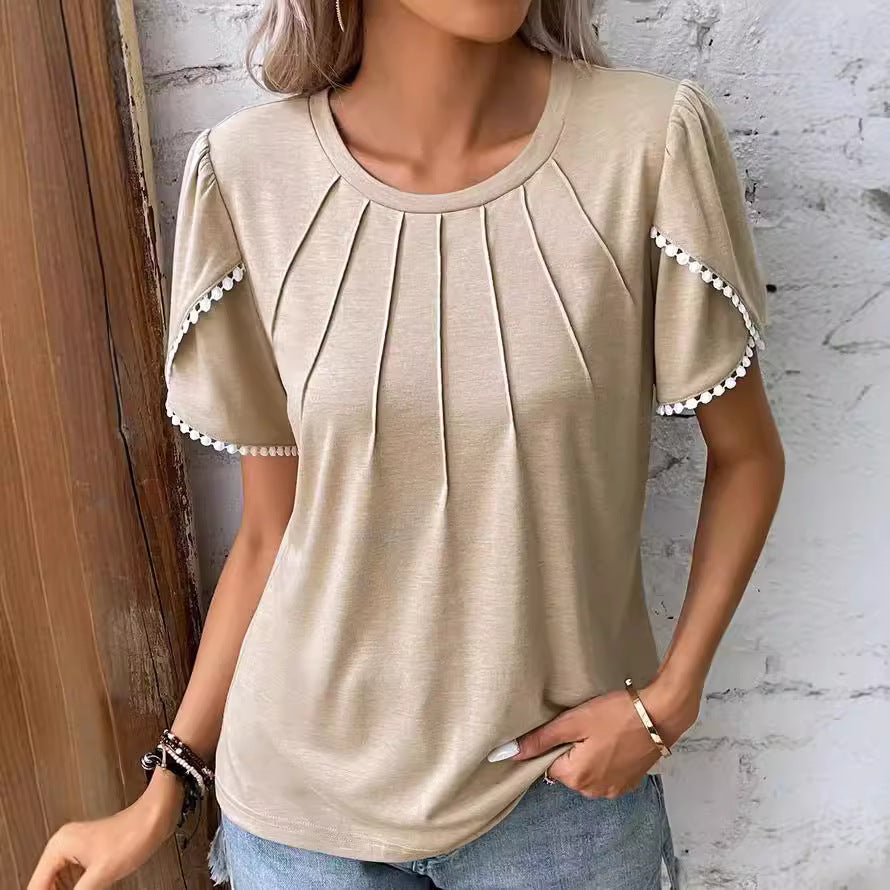 Damen nan Rundhals-Shirt mit dekorativer Kellerfalten-Front, Flatterärmeln und Pompon-Borte Echo Archiv