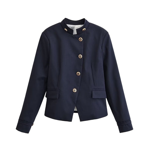 Damen Elegante taillierte Kurzjacke im Marine-Stil mit Stehkragen, Zierknopfleiste und Pattentaschen Echo Archiv