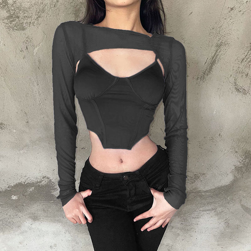 Damen Modisches Longsleeve Oberteil mit transparentem Material und integrierter Unterbruststütze Echo Archiv