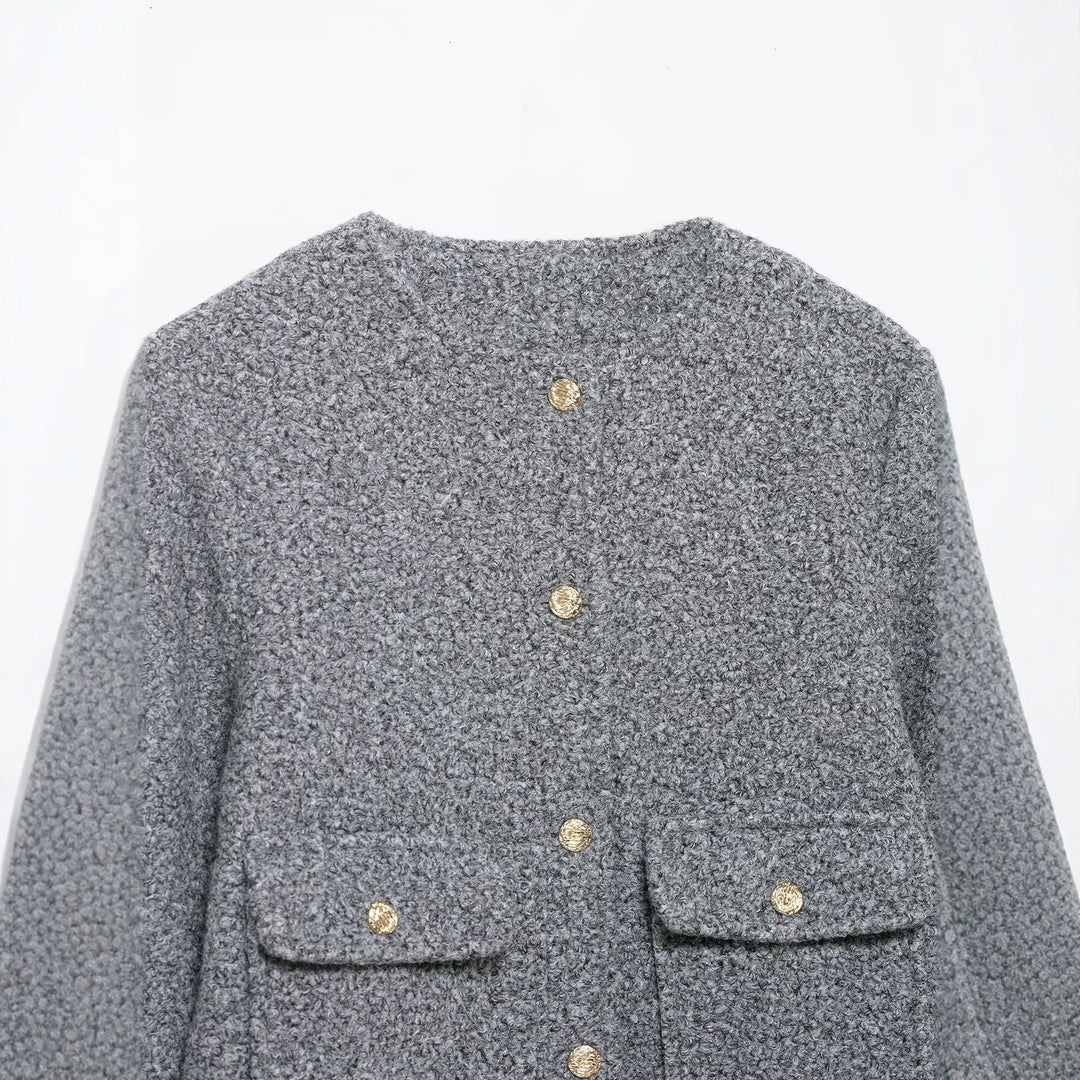 Damen Bouclé-Boxy-Jacke mit goldenen Knöpfen und aufgesetzten Taschen Echo Archiv