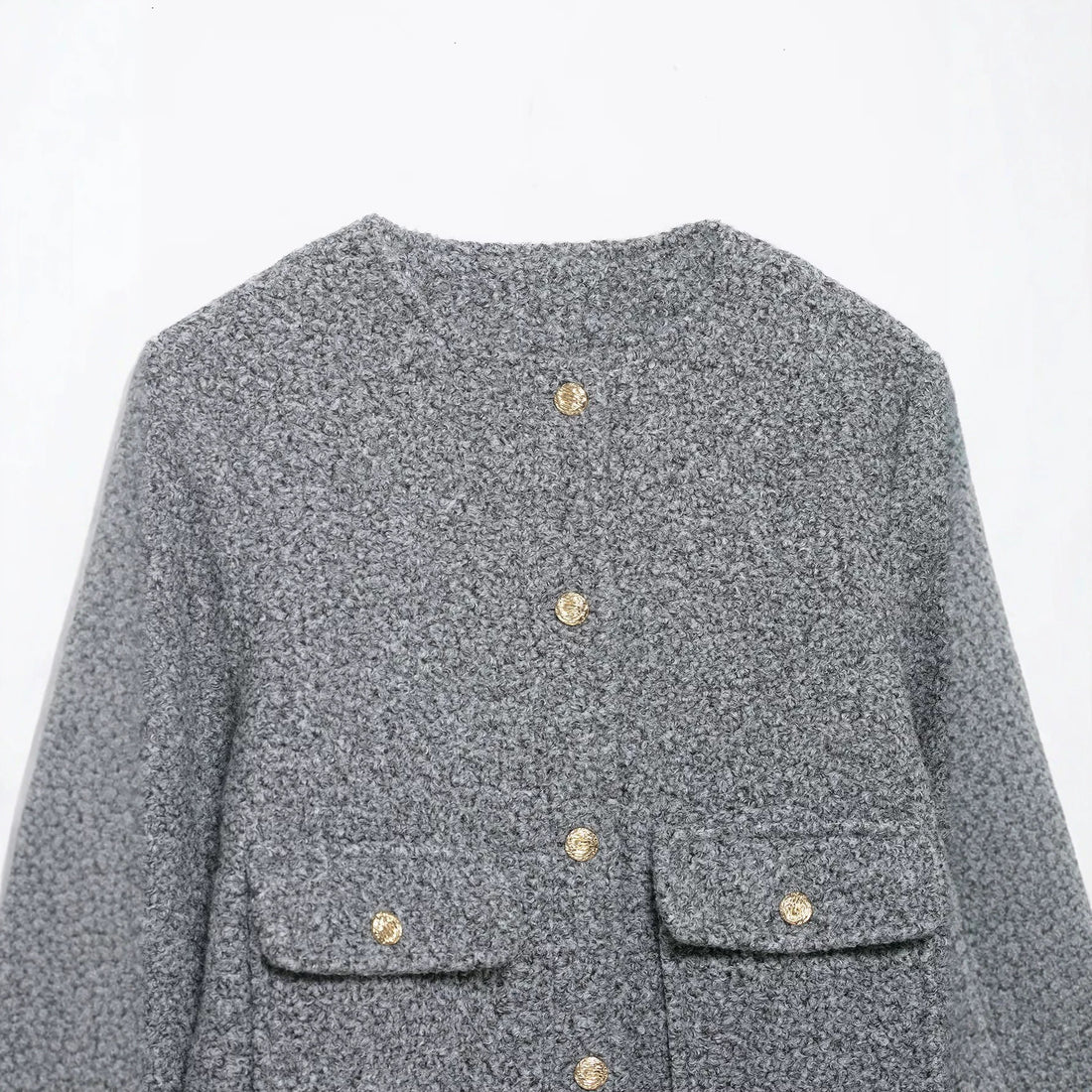 Damen Bouclé-Boxy-Jacke mit goldenen Knöpfen und aufgesetzten Taschen Echo Archiv