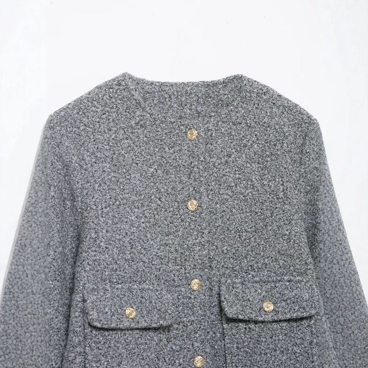 Damen Bouclé-Boxy-Jacke mit goldenen Knöpfen und aufgesetzten Taschen Echo Archiv