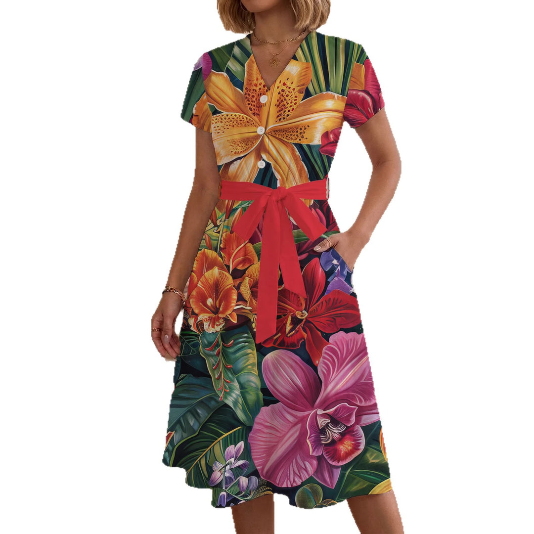Damen Midikleid mit farbenfrohem Blumendesign und taillierbarem Bindegürtel Echo Archiv