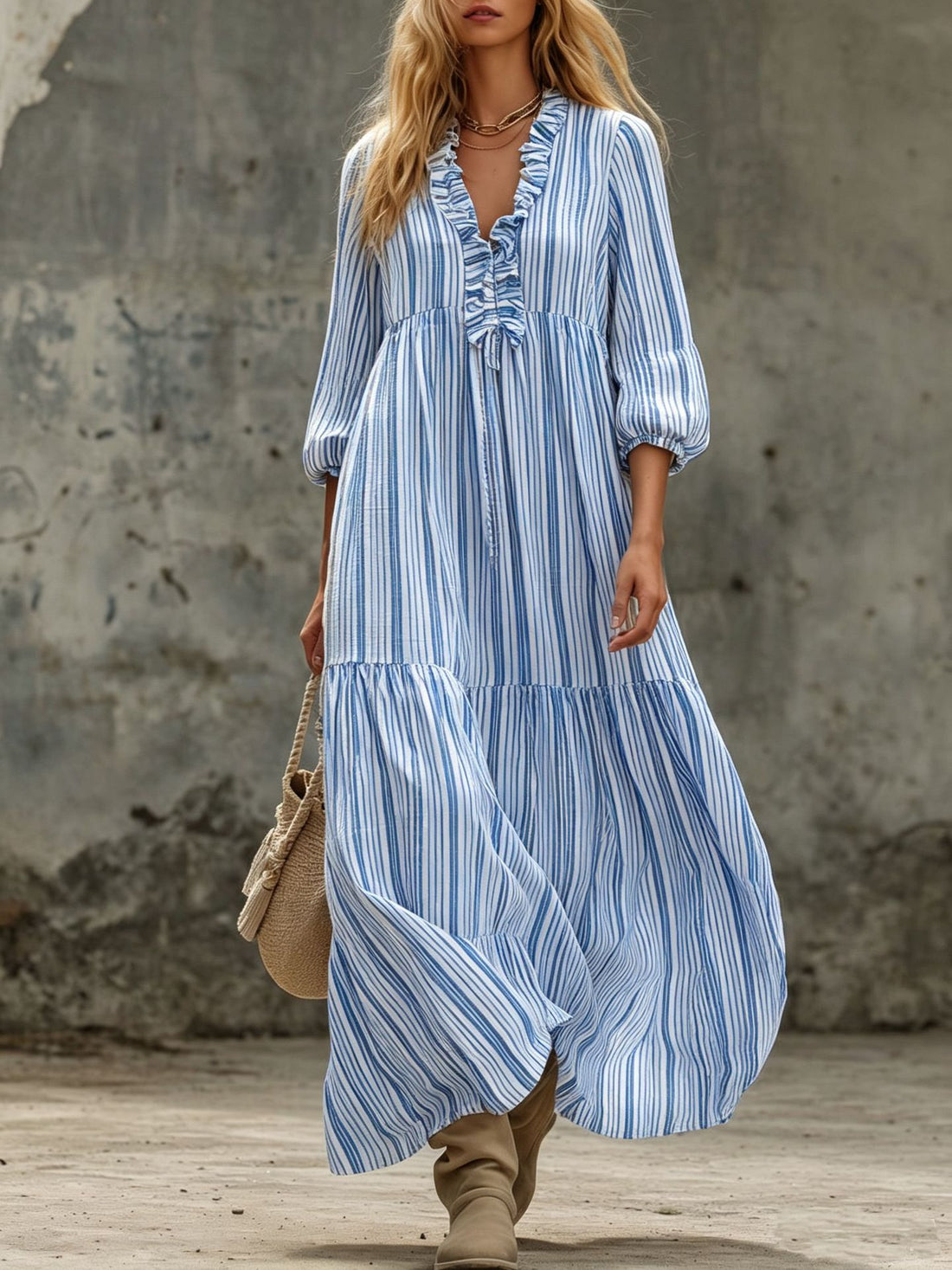 Damen Maxikleid mit Rüschen-V-Ausschnitt und Ballonärmeln Echoarchiv