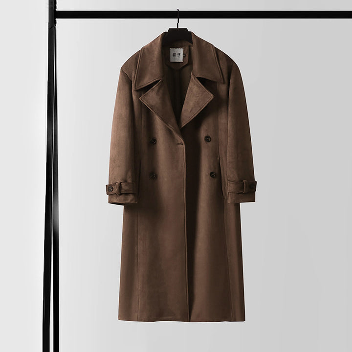Herren Doppelreihiger Trenchcoat aus Velourslederimitat mit Taillengürtel und weitem Revers Echoarchiv