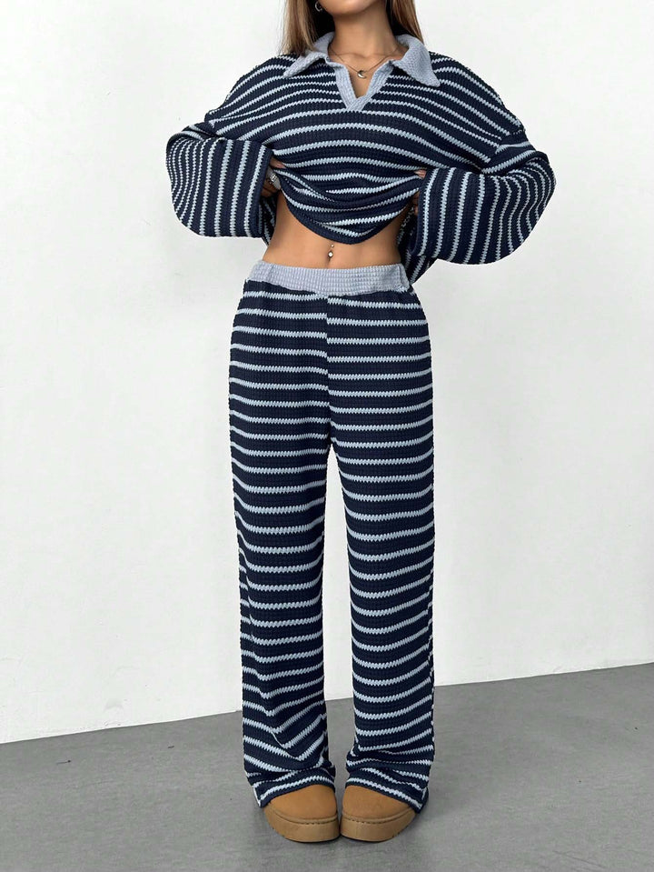 Damen Gestreiftes Strick-Set aus Polokrippenpullover und weiten Palazzo-Strickhose Echo Archiv