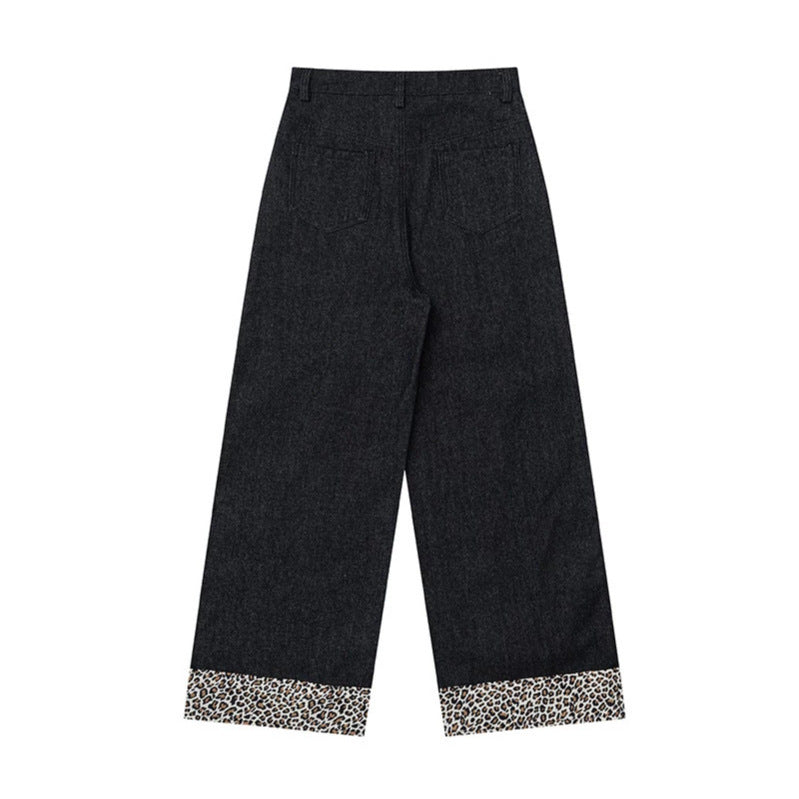 Damen Weite Highwaist Denim-Palazzohose mit Leoparden-Besatz und Applikationsstickerei Echoarchiv