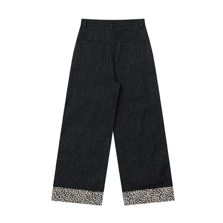 Damen Weite Highwaist Denim-Palazzohose mit Leoparden-Besatz und Applikationsstickerei Echoarchiv