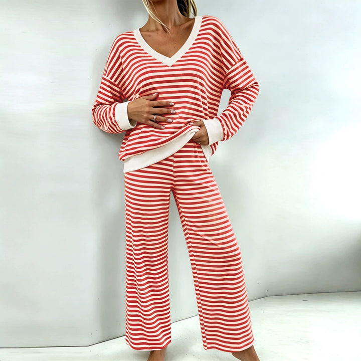 Damen Gestreiftes Lounge-Set mit V-Ausschnitt, Oversize-Pullover und Palazzo-Hose Echoarchiv