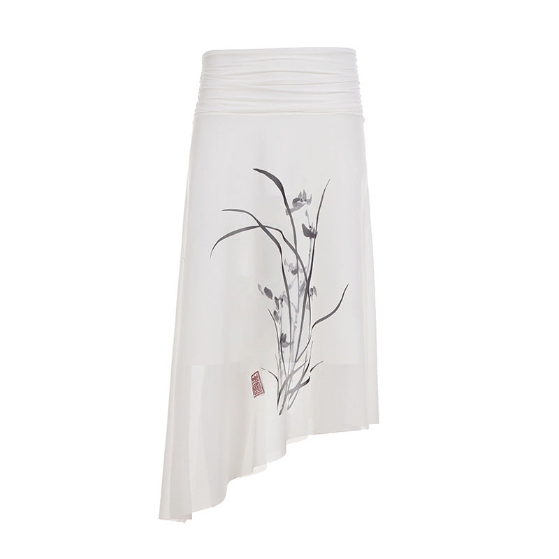 Damen Asymmetrischer Chiffonrock mit gerafftem Hochtaille-Bund und floralem Brushprint – Élara
