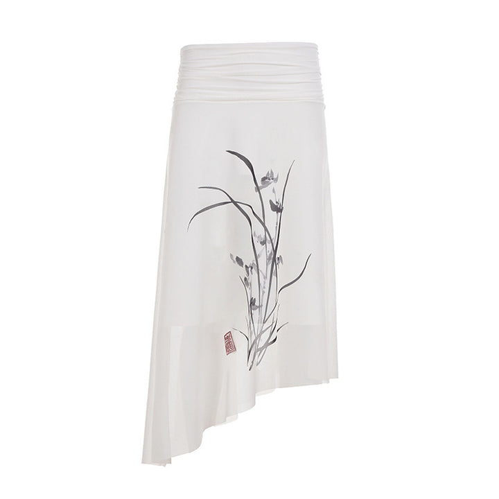 Damen Asymmetrischer Chiffonrock mit gerafftem Hochtaille-Bund und floralem Brushprint – Élara