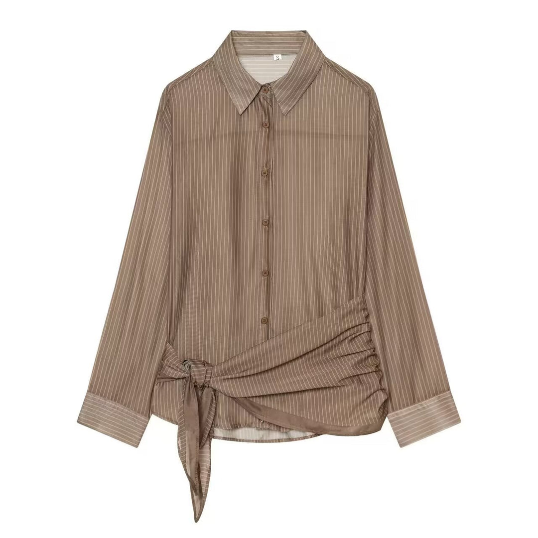 Damen Nadelstreifen-Seidenoptik-Bluse mit seitlicher Knotendetail Echoarchiv