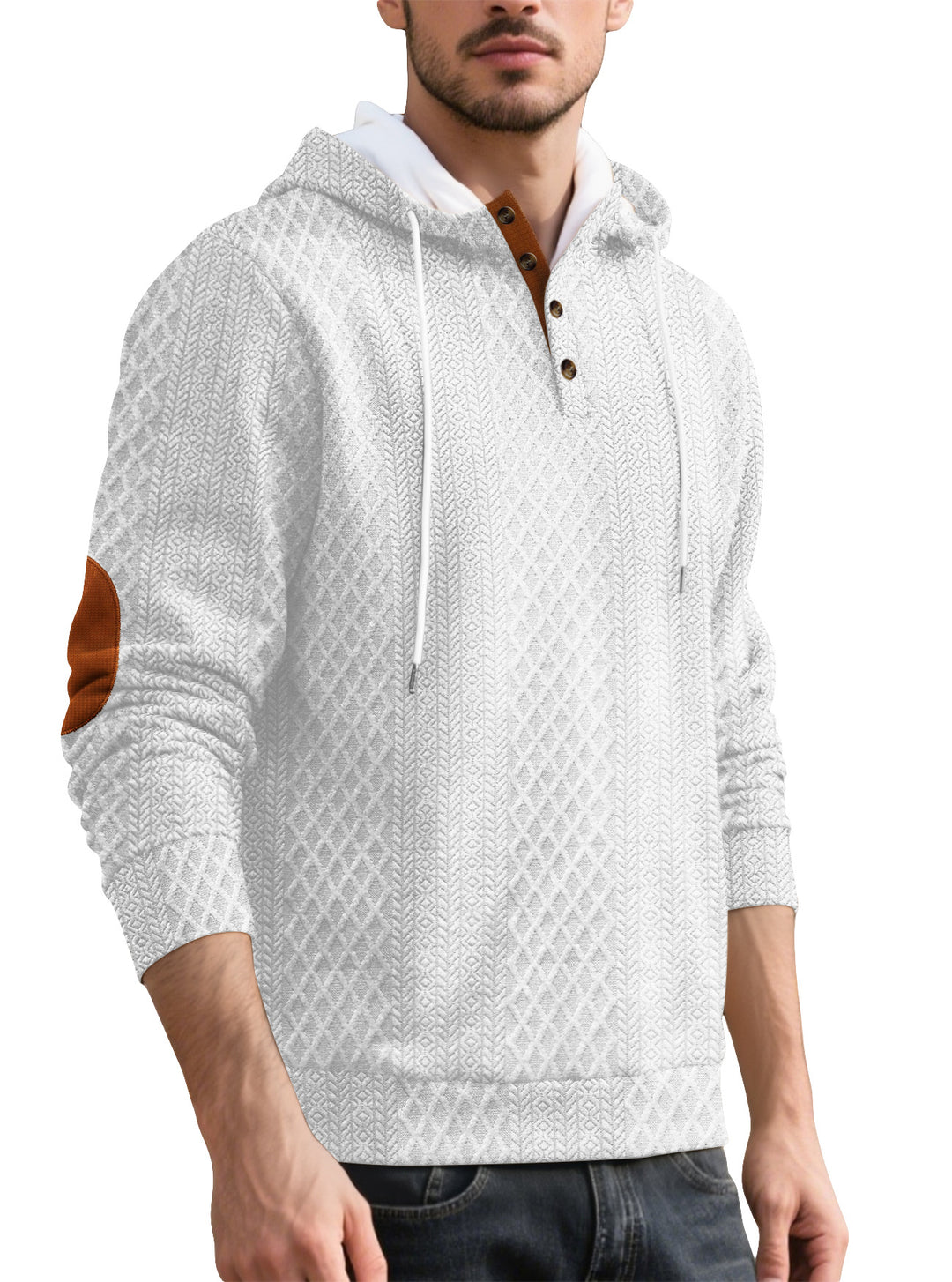 Herren nan Diamond-Struktur Kapuzenpullover mit Kurzknopfleiste, gesteppter Kapuzeninnenkante und Wildleder-Ellbogenpatch Echo Archiv