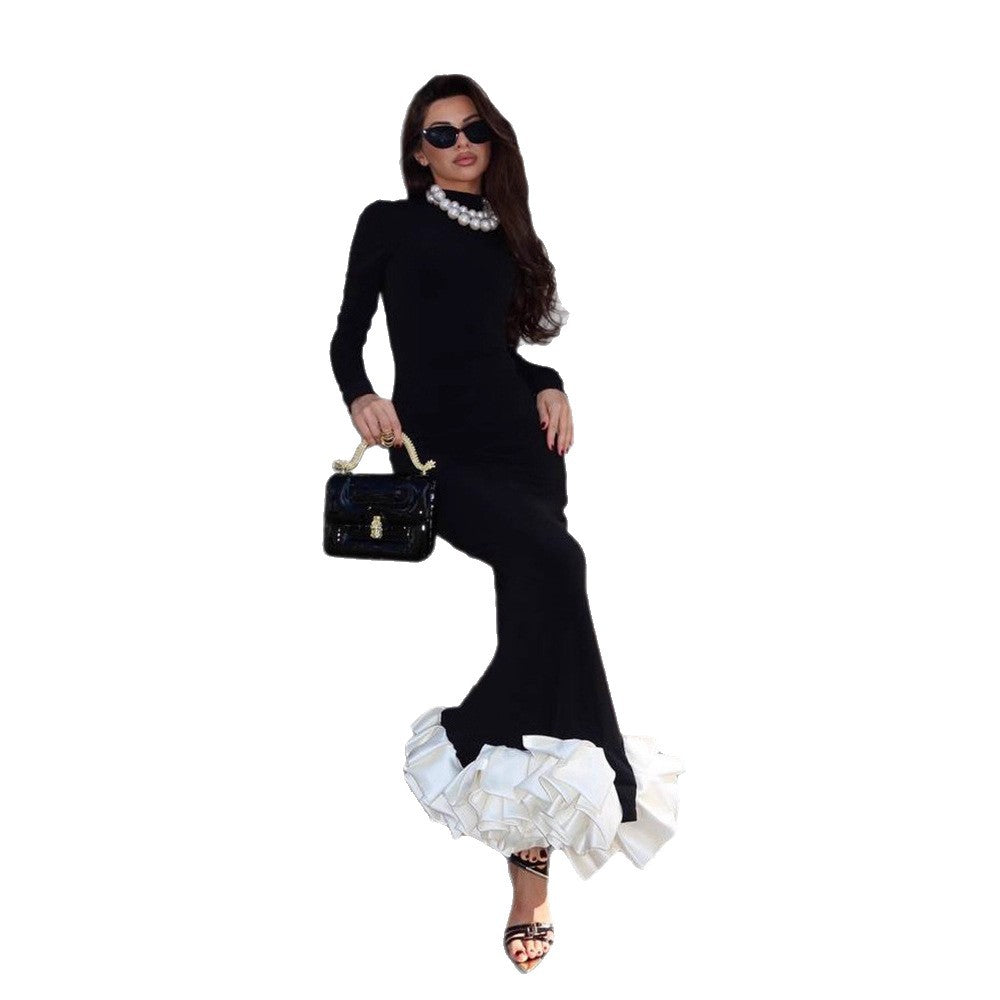 Damen Figurbetontes Maxi-Kleid mit Rollkragen, langen Ärmeln und üppigem Volant-Saum Echoarchiv