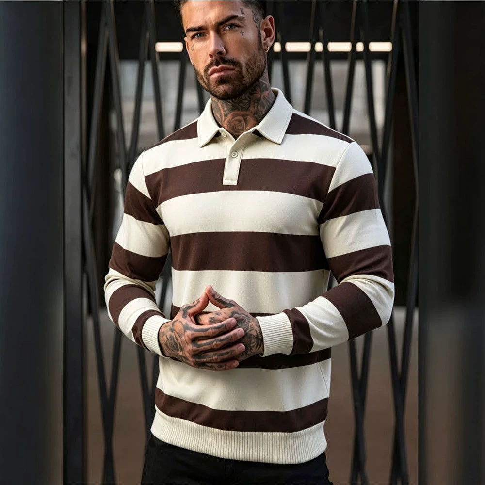 Herren gestreifter Rugby-Polo-Pullover mit Knopfleiste und Rippbündchen Echoarchiv