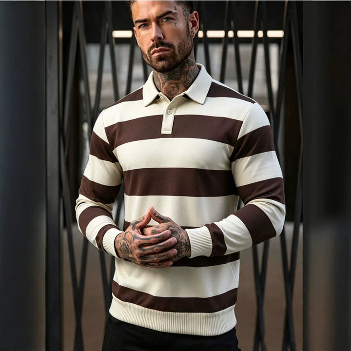 Herren gestreifter Rugby-Polo-Pullover mit Knopfleiste und Rippbündchen Echoarchiv