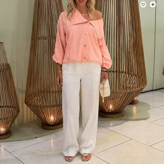 Damen Oversize Off-Shoulder Leinenbluse mit asymmetrischem Kragen und Zierknopfleiste Echo Archiv