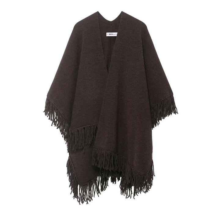 Damen Fransen-Poncho aus weichem Wollmix mit V‑Ausschnitt Echoarchiv
