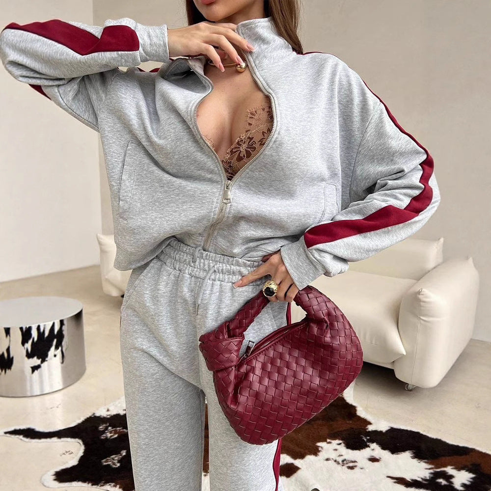 Damen Velours-Loungewear-Set mit Stehkragen, Zip-Jacke und weitem Palazzo-Hosenbein – Élanora
