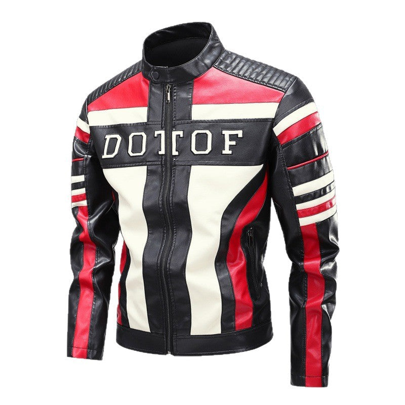 Herren Racing-Lederimitat-Bikerjacke mit Stehkragen, gesteppter Schulterpartie & Kontrast-Colourblocking Echoarchiv