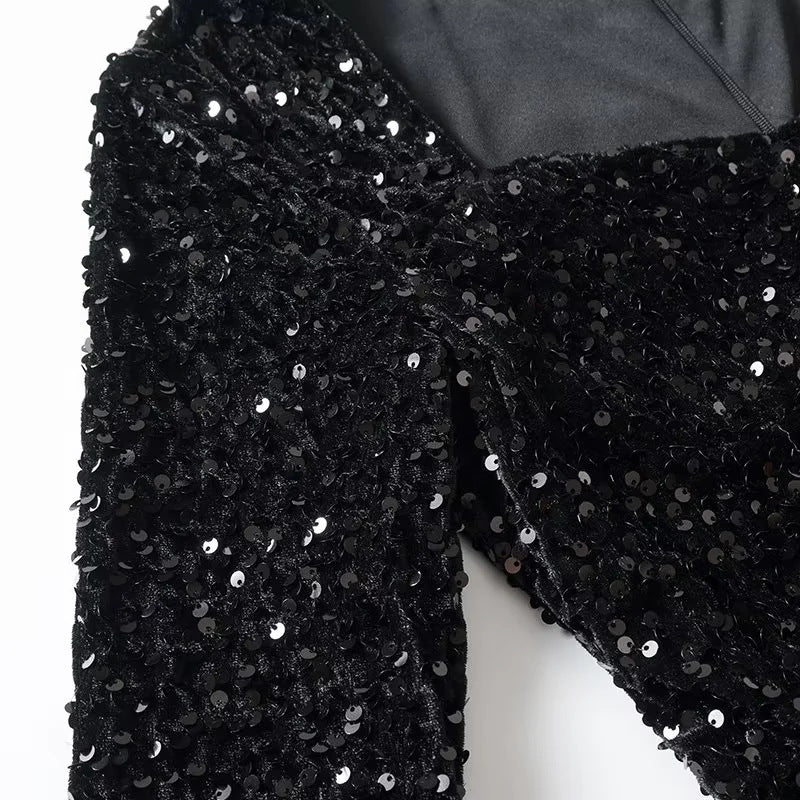 Damen Samt-Pailletten-Peplumshirt mit weitem ausgestelltem Saum und langem Arm – Avérine