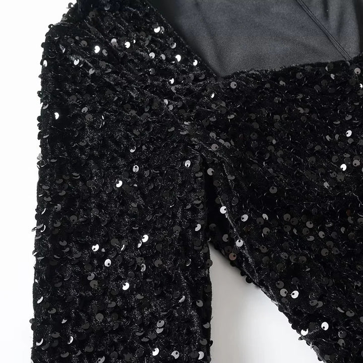 Damen Samt-Pailletten-Peplumshirt mit weitem ausgestelltem Saum und langem Arm – Avérine