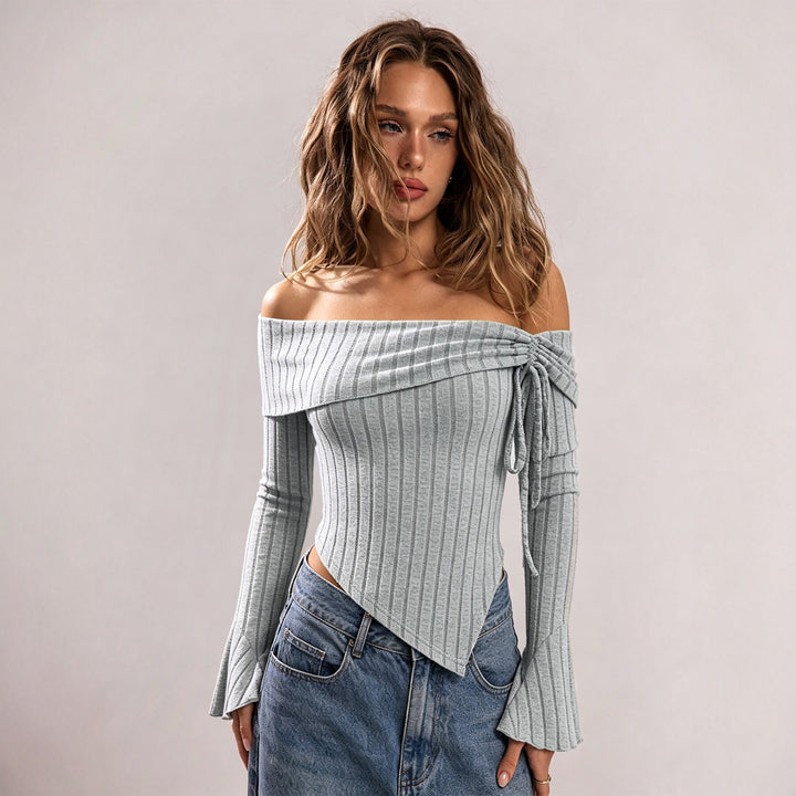 Damen schulterfreies geripptes Strick-Top mit asymmetrischem Zipfelsaum und Schnürdetail – Avérine