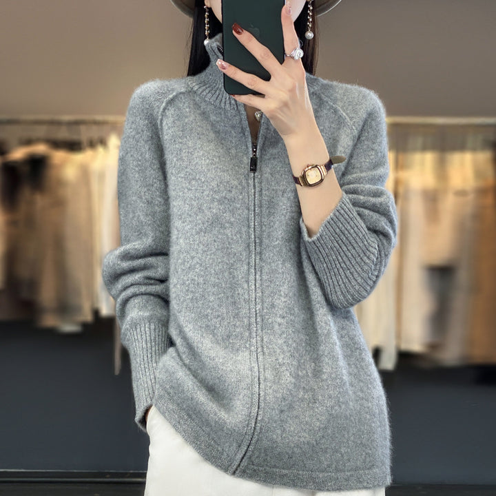 Damen Zip-Cardigan im Kaschmir‑Look mit Stehkragen und gerippten Bündchen Echoarchiv