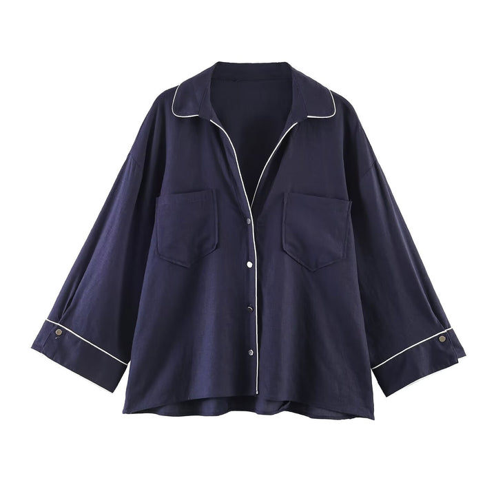 Damen Pyjama-inspirierte Oversize-Hemdbluse mit Kontrastpaspel und Brusttaschen Echo Archiv