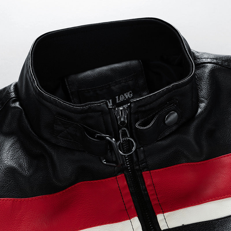 Herren Motorrad-Lederjacke im Retro-Racing-Look mit Kontraststreifen und Stehkragen – Valtoré
