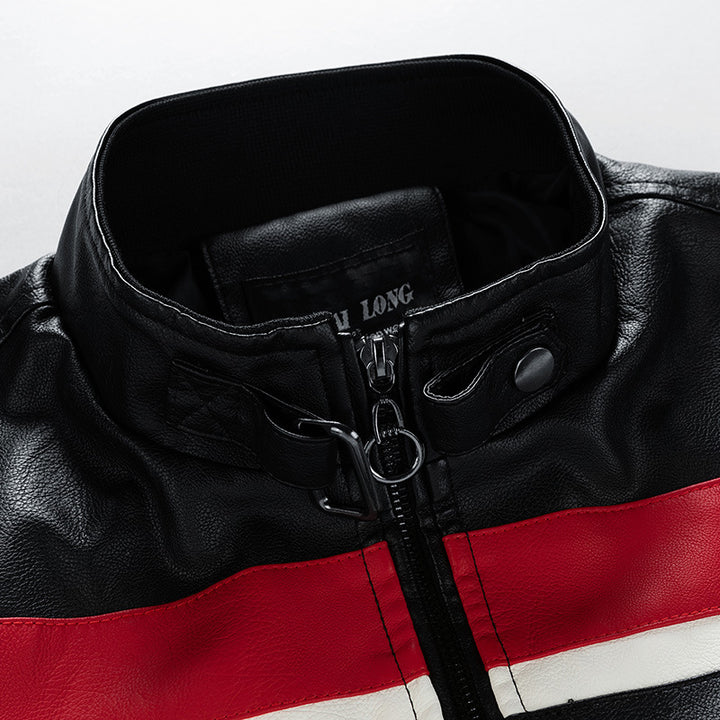 Herren Motorrad-Lederjacke im Retro-Racing-Look mit Kontraststreifen und Stehkragen – Valtoré