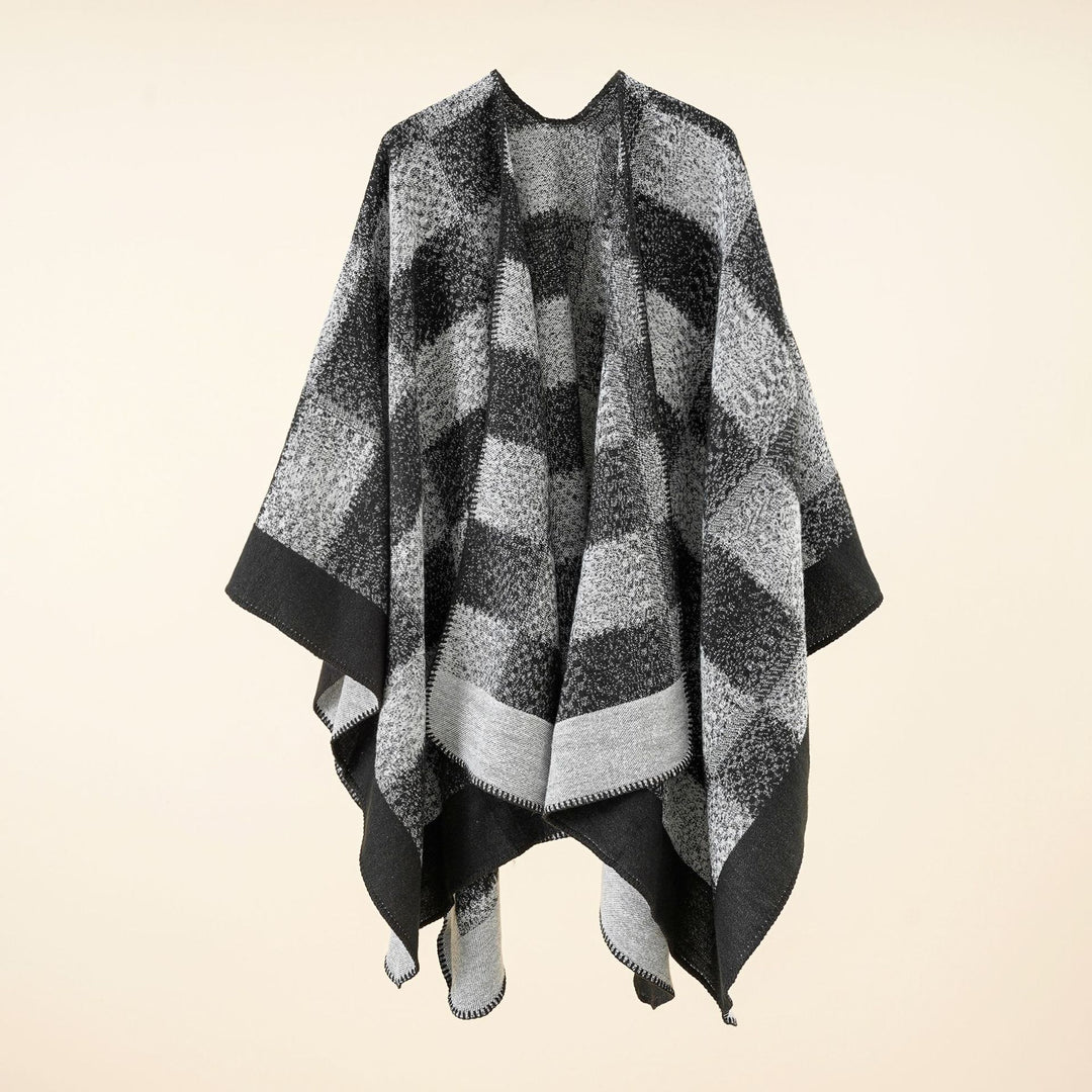 Damen Vielseitiger Wollmix-Überwurf im kastigen Kimono-Fall mit großflächigem Karojacquard – Montévia