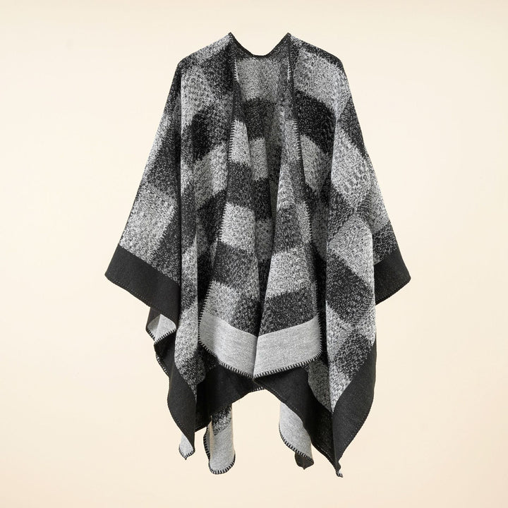 Damen Vielseitiger Wollmix-Überwurf im kastigen Kimono-Fall mit großflächigem Karojacquard – Montévia