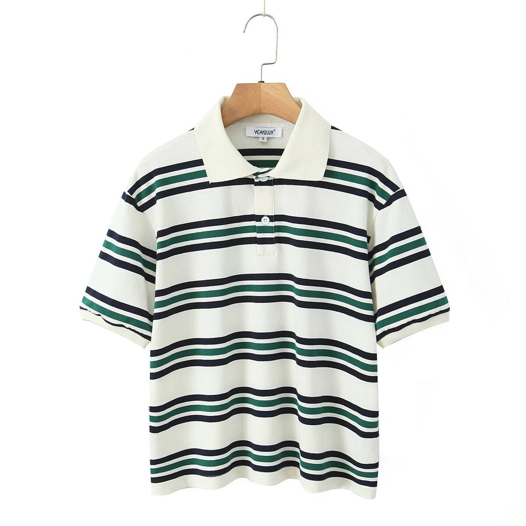 Damen Lässiges Langarm-Poloshirt mit Streifenmuster und Rippbündchen Echo Archiv