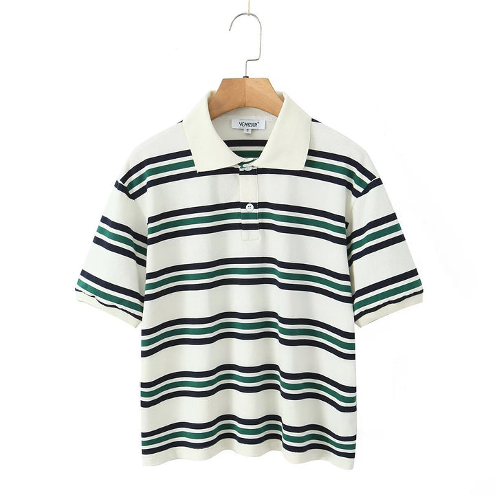 Damen Lässiges Langarm-Poloshirt mit Streifenmuster und Rippbündchen Echo Archiv