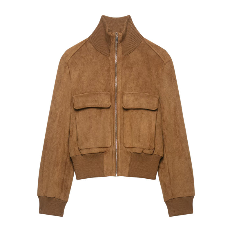 Damen Kurze Wildlederoptik-Bomberjacke mit Stehkragen, Klappentaschen und Rippbündchen Echo Archiv