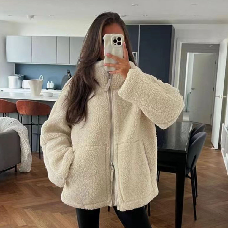 Damen Teddy-Fleece-Jacke mit Stehkragen und Lederoptik-Details Echo Archiv