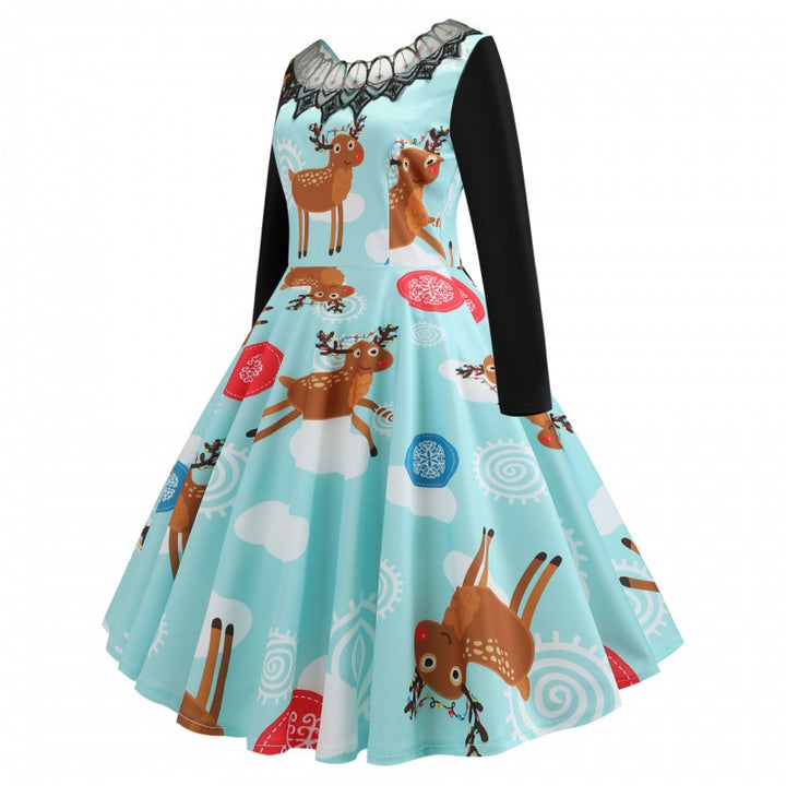 Damen Festliches Retro Swing Kleid mit Langarm A Linien Schnitt und Rentier-Print – Élara