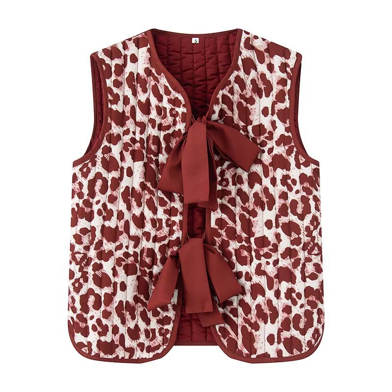 Damen nan gesteppte Weste mit dekorativem Schleifenverschluss und modischem Animalprint Echo Archiv