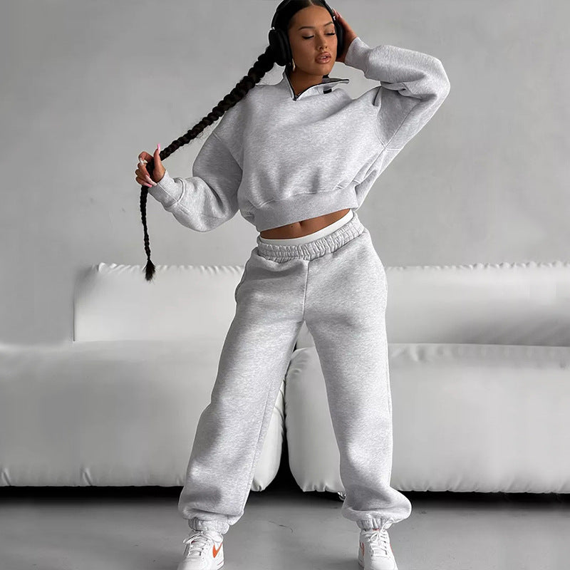 Damen Zweiteiliges Cropped-Halbzip-Sweatset mit Stehkragen und elastischer High-Waist-Jogginghose – Avérine