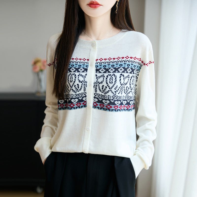 Damen Leichter Feinstrick-Cardigan mit nordischem Jacquardmuster und feiner Knopfleiste Echoarchiv